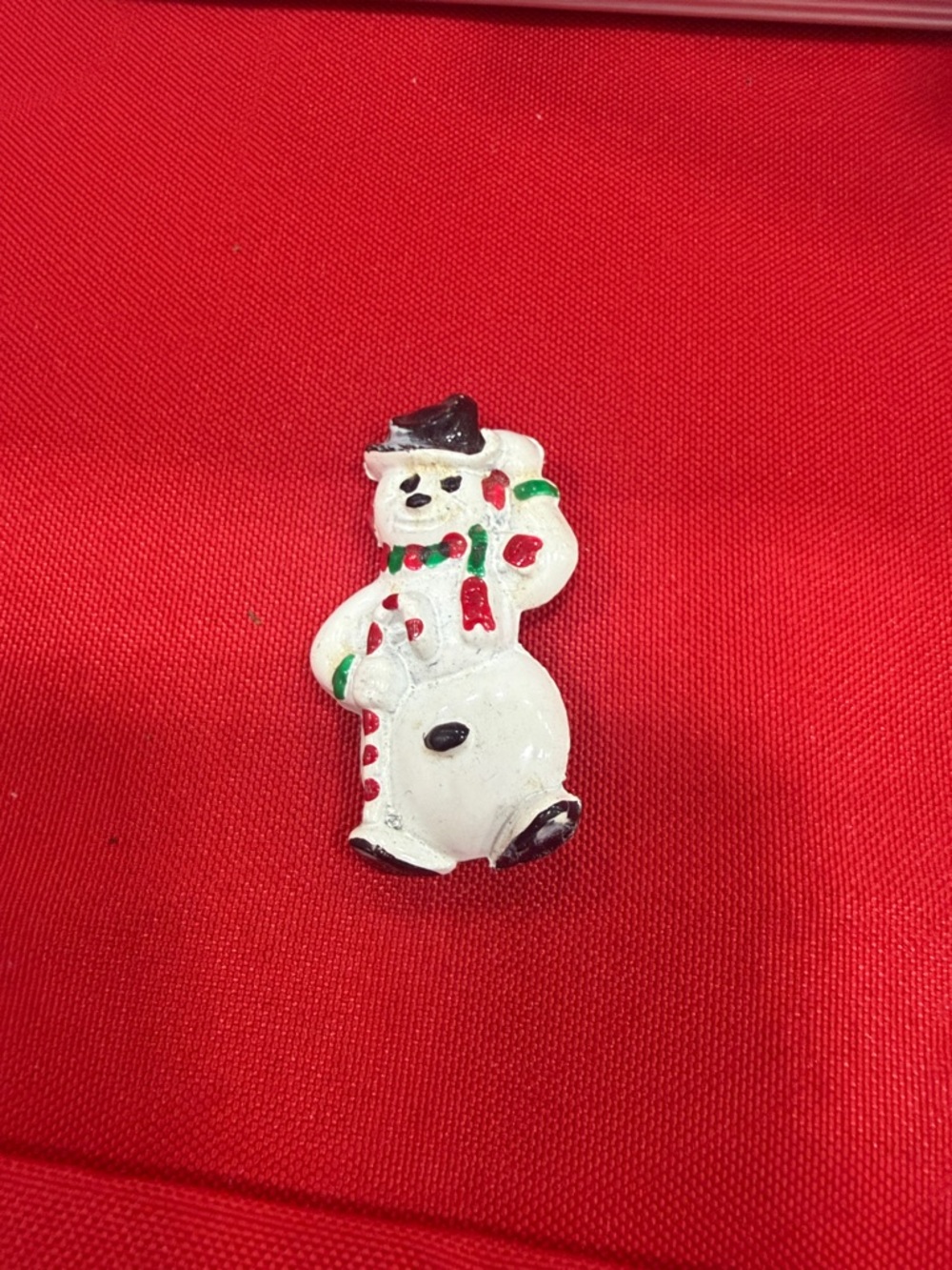 Festive White Snowman Brooch with Red & Green Accents